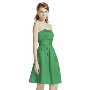 David's Bridal | Green Sateen Strapless Ruched Dress, Size 4